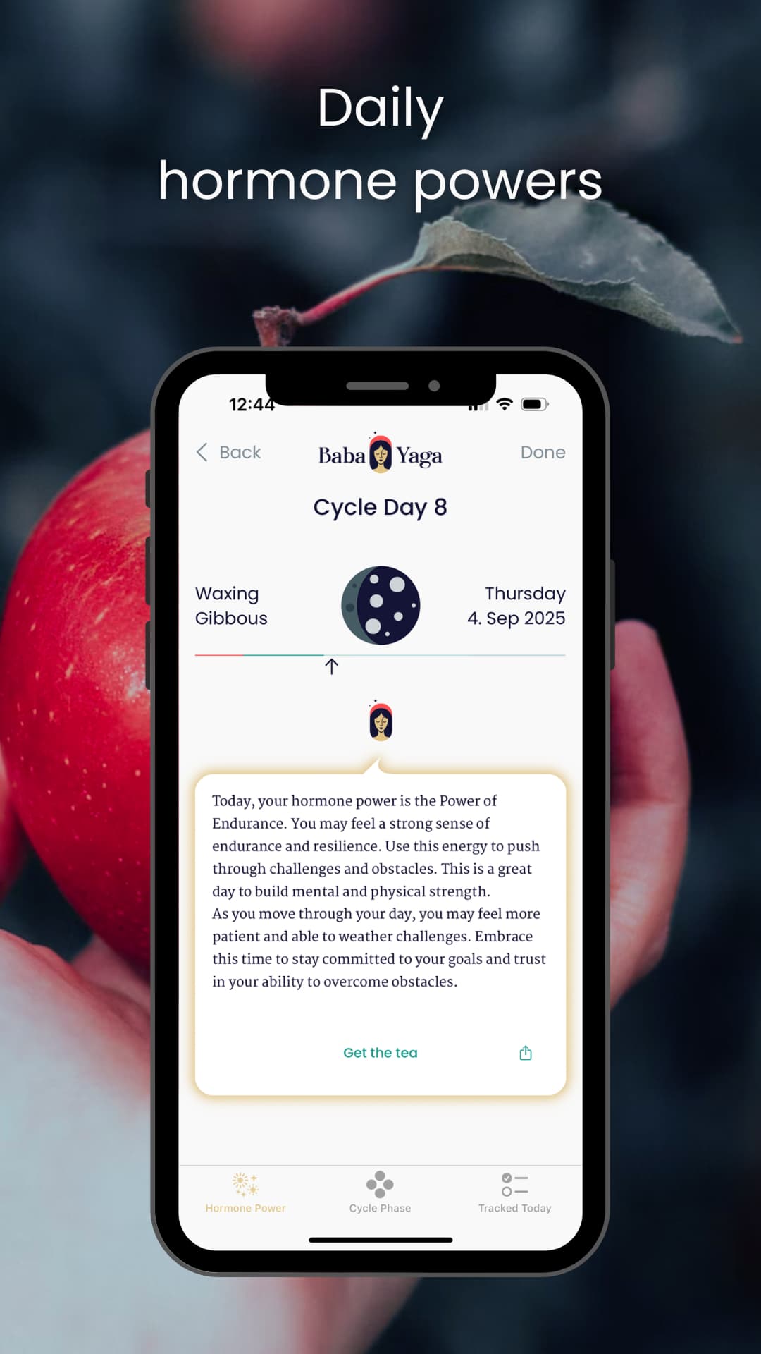 app screenshot from Baba Yaga Cycle Coach showing daily hormone powers with cycle day insights and guidance for resilience and endurance