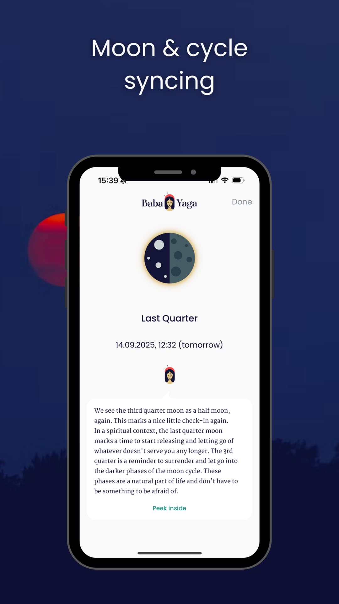 app screenshot from Baba Yaga Cycle Coach showing moon and cycle syncing, with last quarter moon insights and reflective guidance