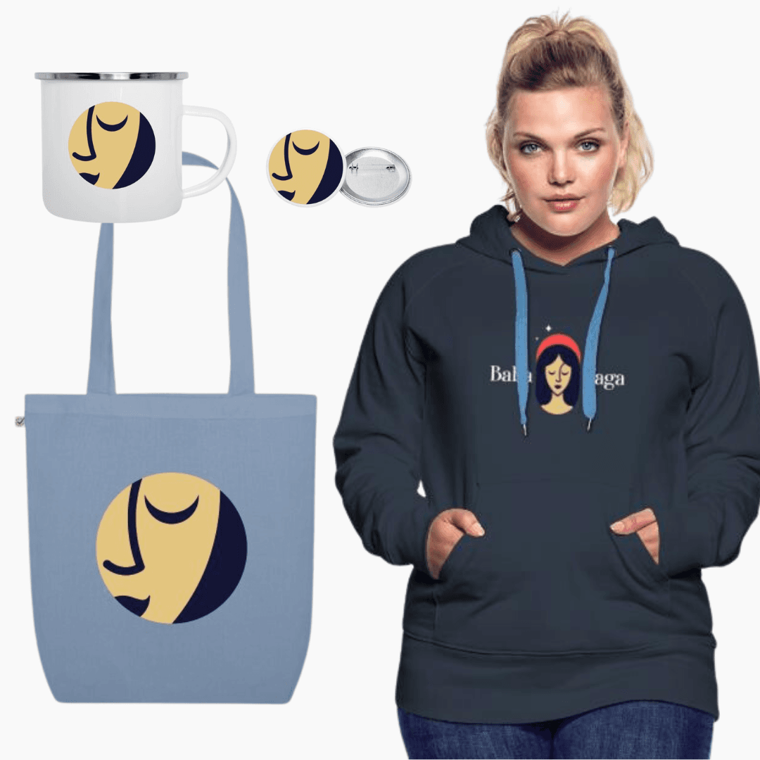 Assorted period positive Baba Yaga Lifestyle merchandise including a white favicon mug, pins and a handbag. A young girl wearing a Baba Yaga logo hoodie.