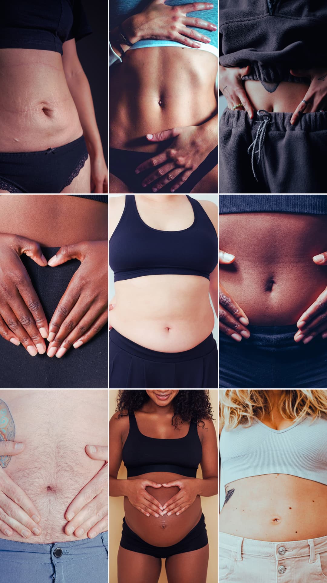 diverse people holding their lower bellies, representing inclusive menstrual cycle coaching and body literacy for all menstruating bodies